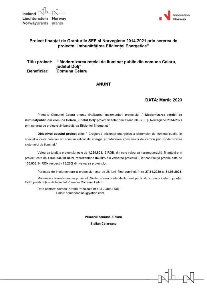 Proiect finanțat de Granturile SEE și Norvegiene 2014-2021 prin cererea de proiecte „Îmbunătățirea Eficienței Energetice”