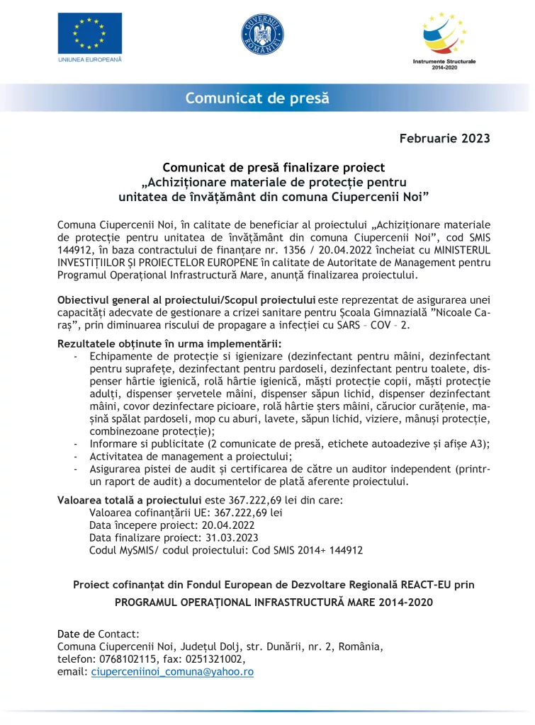 Finalizare proiect „Achiziționare materiale de protecție pentru unitatea de învățământ din comuna Ciupercenii Noi”