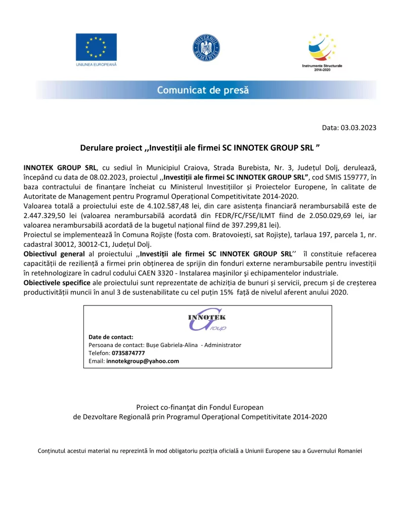 Derulare Proiect ,,Investiții ale firmei SC INNOTEK GROUP SRL”