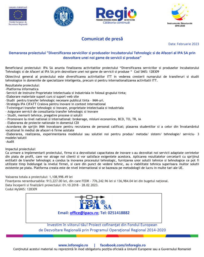 Demararea proiectului “Diversificarea serviciilor si produselor Incubatorului Tehnologic si de Afaceri al IPA SA prin dezvoltare unei noi game de servicii si produse”