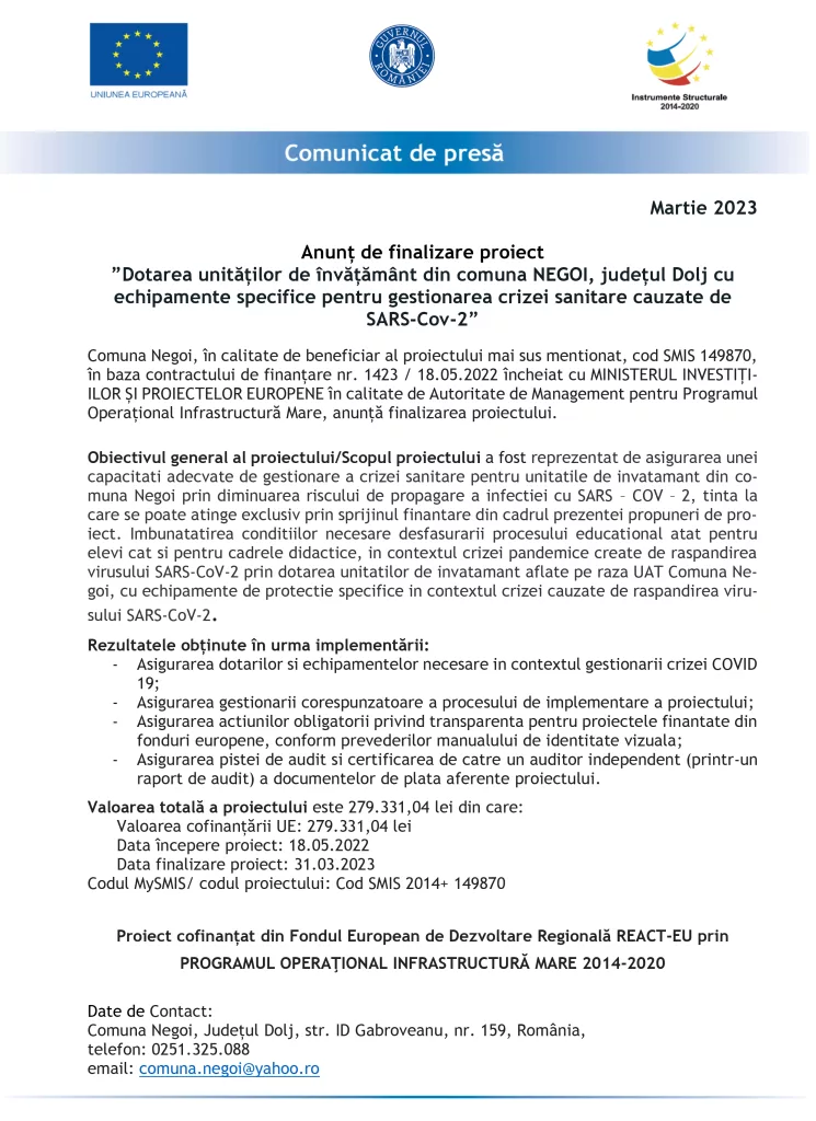 Anunț de finalizare proiect ”Dotarea unităților de învățământ din comuna NEGOI, județul Dolj cu echipamente specifice pentru gestionarea crizei sanitare cauzate de SARS-Cov-2”