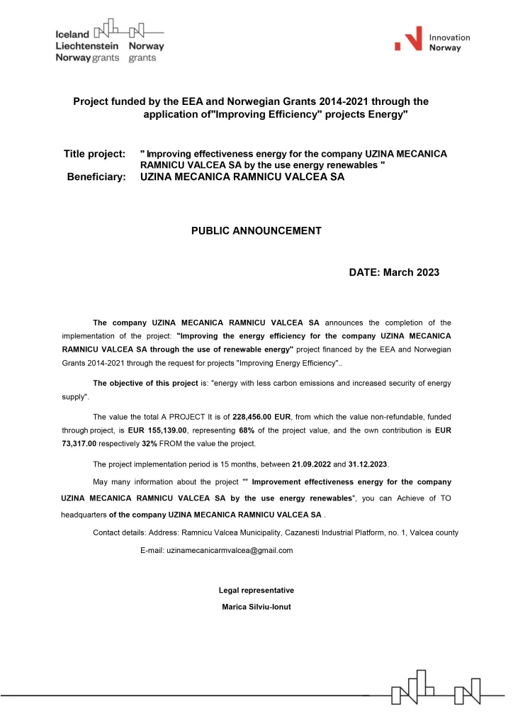 Project funded by the EEA and Norwegian Grants 2014-2021 through the application of „Improving Efficiency” projects Energy”