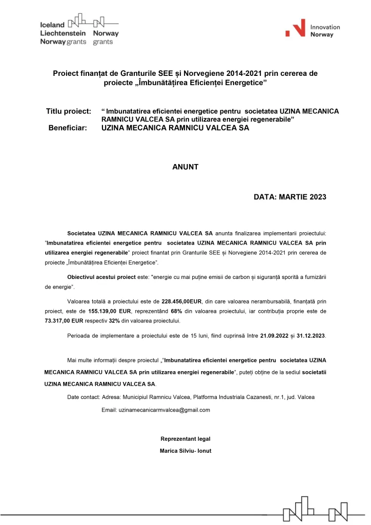 Proiect finanțat de Granturile SEE și Norvegiene 2014-2021 prin cererea de proiecte „Îmbunătățirea Eficienței Energetice”