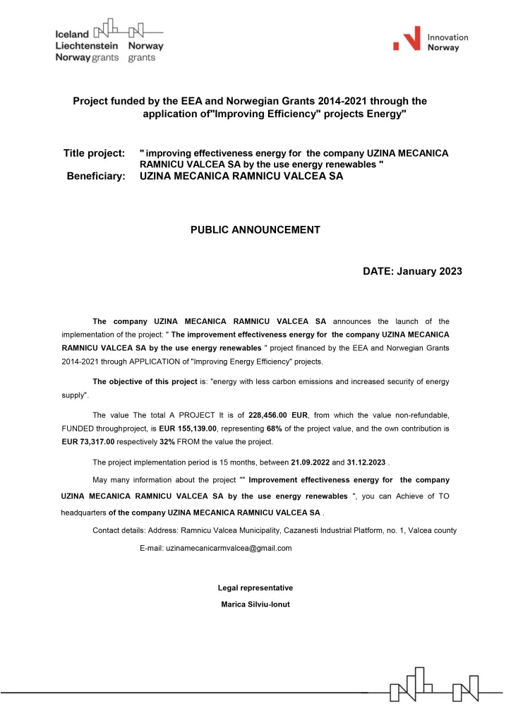 Project funded by the EEA and Norwegian Grants 2014-2021 through the application of „Improving Efficiency” projects Energy”