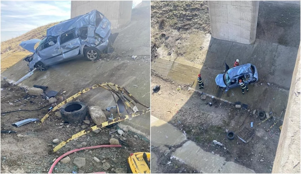 Doi răniţi după ce o maşină a căzut de pe un pod într-un canal de irigaţii