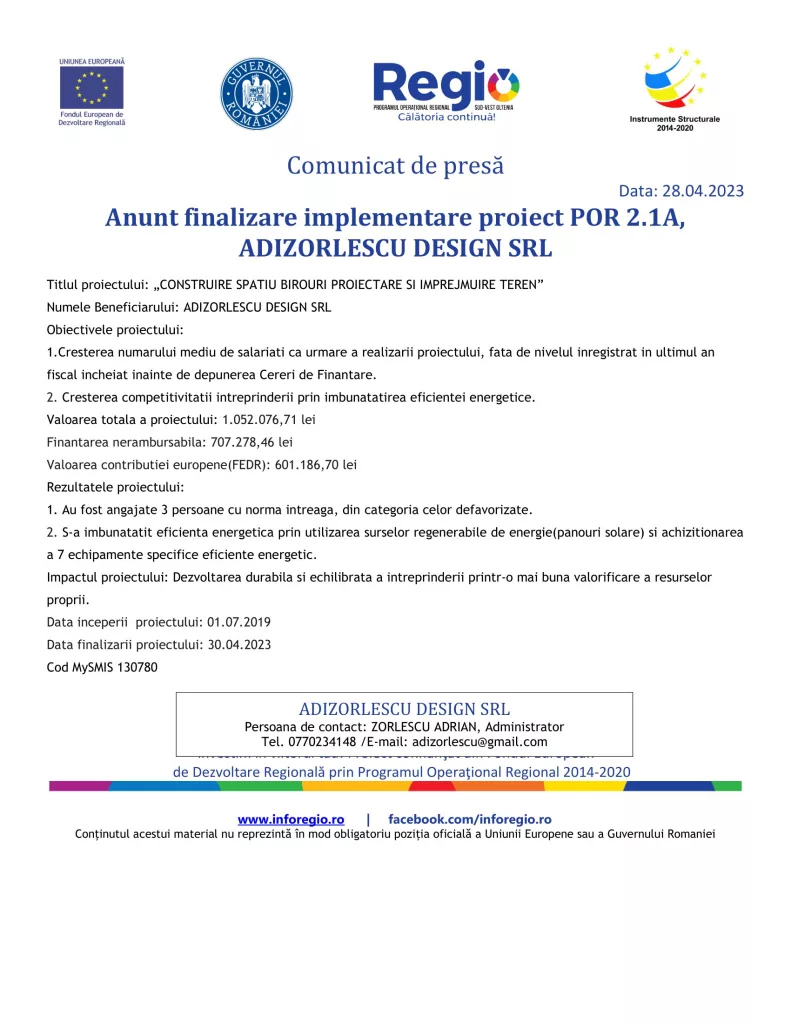 Anunţ finalizare implementare proiect POR 2.1A, ADIZORLESCU DESIGN SRL