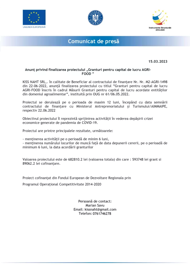 Anunț privind finalizarea proiectului „Granturi pentru capital de lucru AGRI-FOOD“