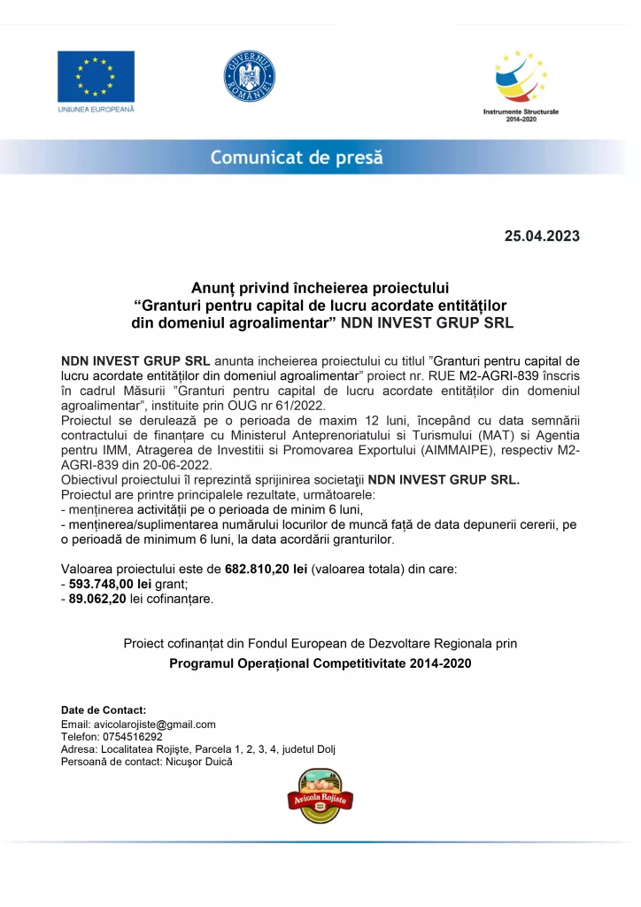 Anunț privind încheierea proiectului “Granturi pentru capital de lucru acordate entităților din domeniul agroalimentar” NDN INVEST GRUP SRL