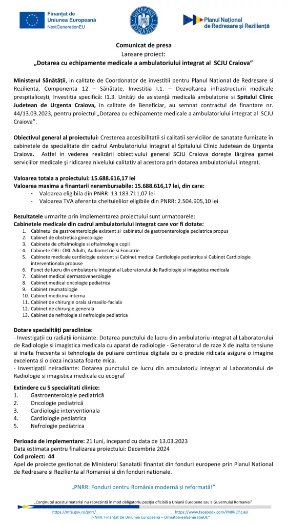Lansare proiect: „Dotarea cu echipamente medicale a ambulatoriului integrat al SCJU Craiova”