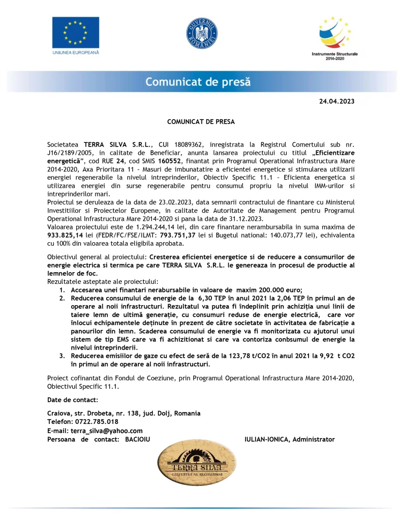 Lansarea proiectului „Eficientizare energetică” a TERRA SILVA SRL
