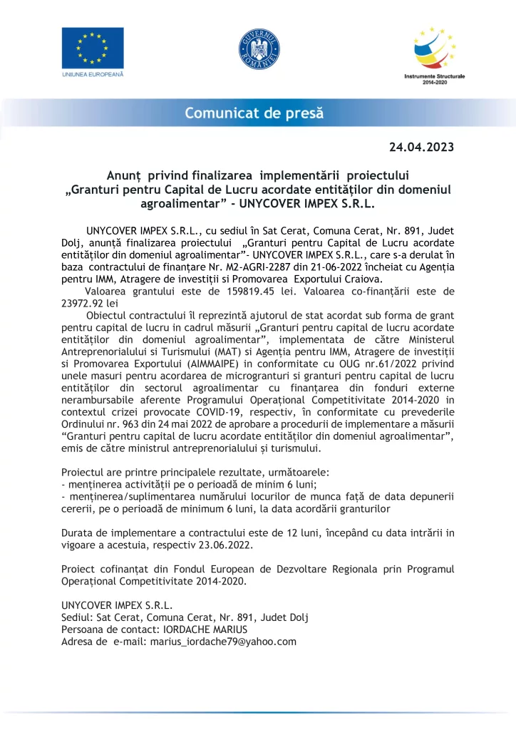 „Granturi pentru Capital de Lucru acordate entităților din domeniul agroalimentar” – UNYCOVER IMPEX SRL