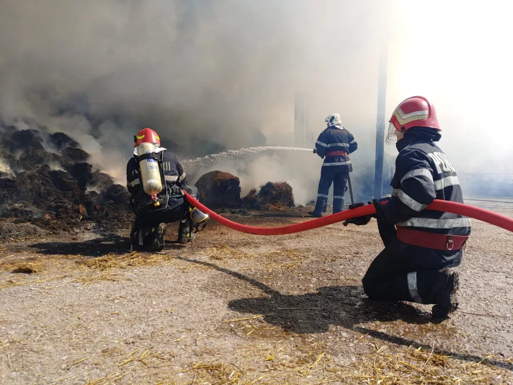 (VIDEO) Incendiu violent la un depozit furaje din Mihăeşti