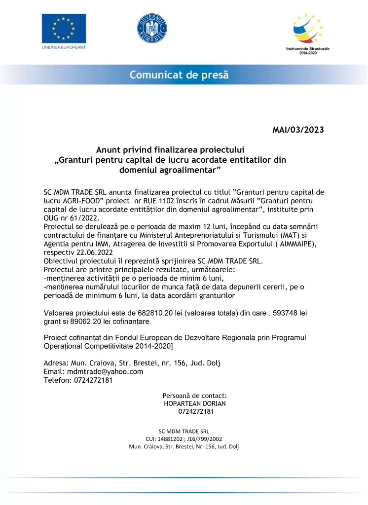 „Granturi pentru capital de lucru acordate entitatilor din domeniul agroalimentar”