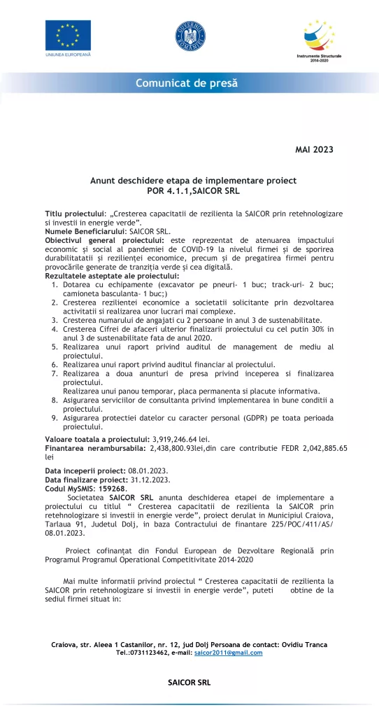 Anunţ deschidere etapă de implementare proiect POR 4.1.1, SAICOR SRL