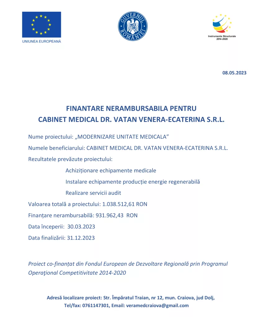 Finanțare nerambursilă pentru cabinet medical dr. Vatan Venera Ecaterina SRL