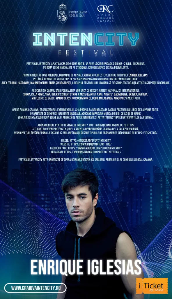 Au fost anunțați primii artiști la IntenCity Festival 2023. Cap de afiș este Enrique Iglesias