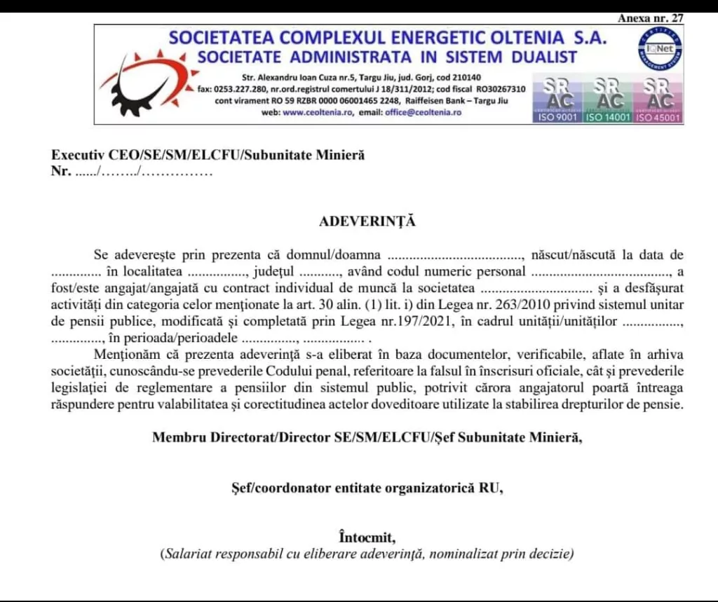 CEO a elaborat modelul de adeverință pentru pensionarea angajaților