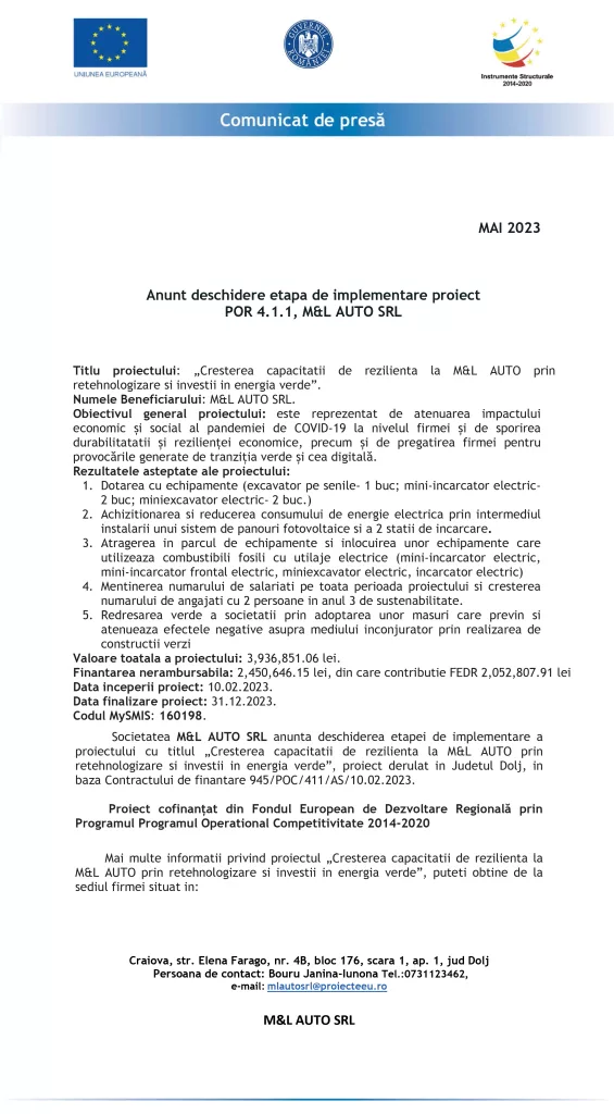 Anunt deschidere etapa de implementare proiect ,POR 4.1.1, M&L AUTO SRL