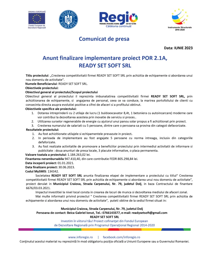 Anunț finalizare implementare proiect POR 2.1A, READY SET SOFT SRL