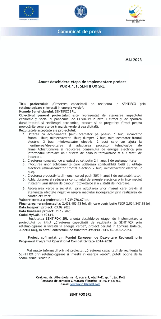 Anunt deschidere etapa de implementare proiect POR 4.1.1, SENTIFOX SRL