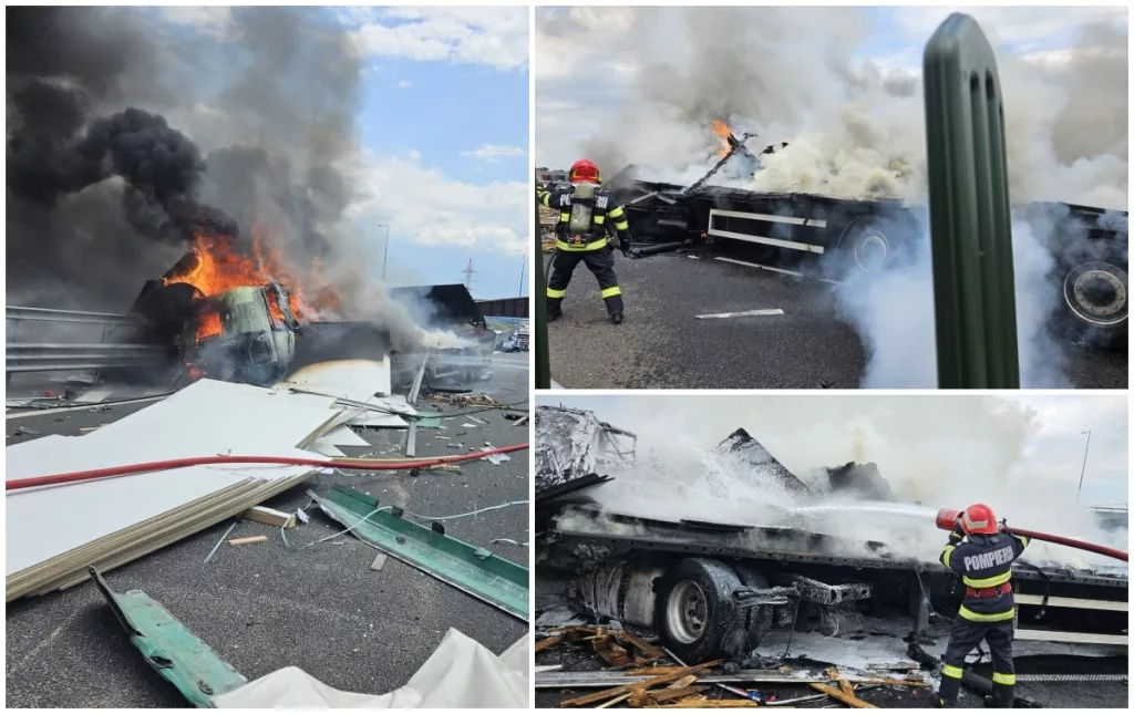 Incendiu puternic pe A10, după ce un camion a explodat în mers
