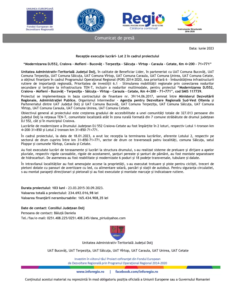 Recepţie execuţie lucrări – Lot 2 în cadrul proiectului