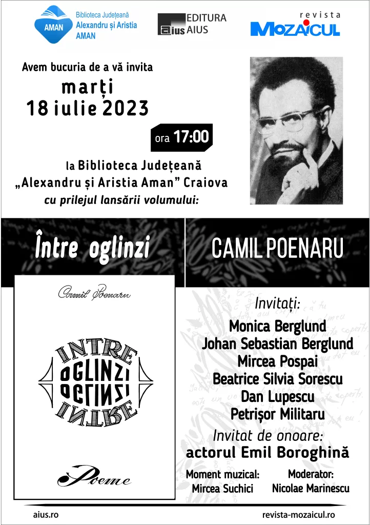 Craiova: „Între oglinzi”, de Camil Poenaru se lansează la „Aman“