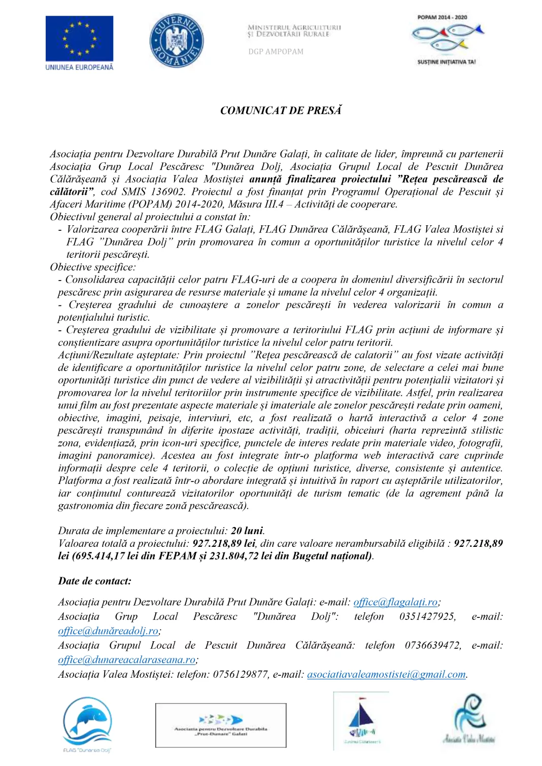 Finalizarea proiectului ”Rețea pescărească de călătorii” Finalizarea proiectului ”Rețea pescărească de călătorii”
