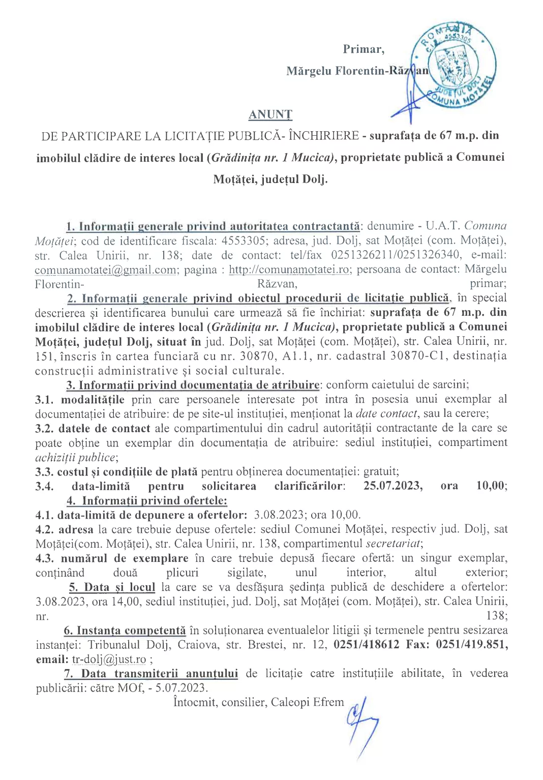 Anunţ de participare publică - închiriere