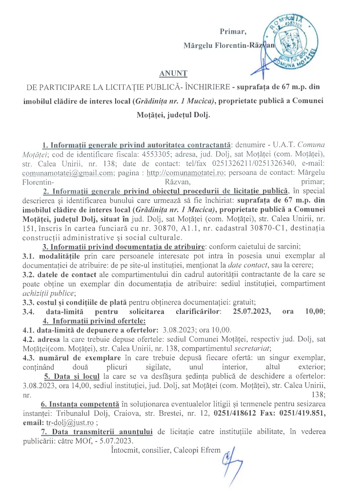 Anunţ de participare publică – închiriere
