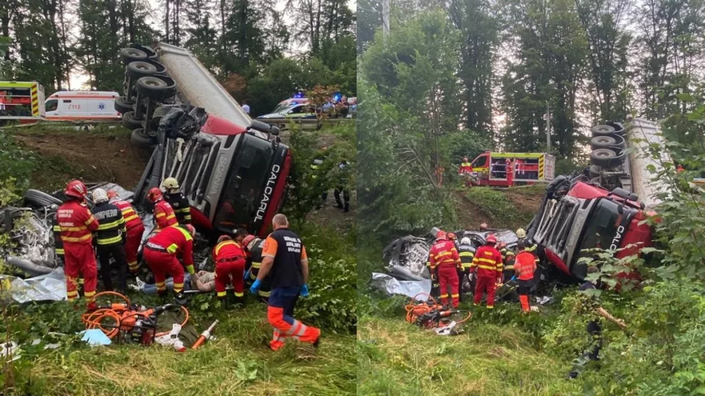 Doi morți și un rănit grav după ce un autoturism a intrat sub un TIR, pe DN 17