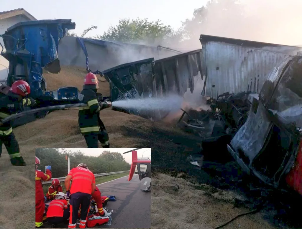 Două autocamioane s-au ciocnit și au luat foc. Două persoane, rănite