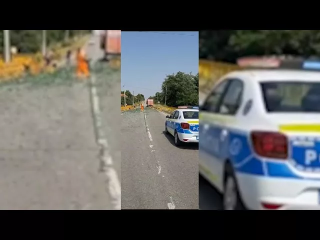 Drum blocat de navetele cu bere căzute dintr-un TIR