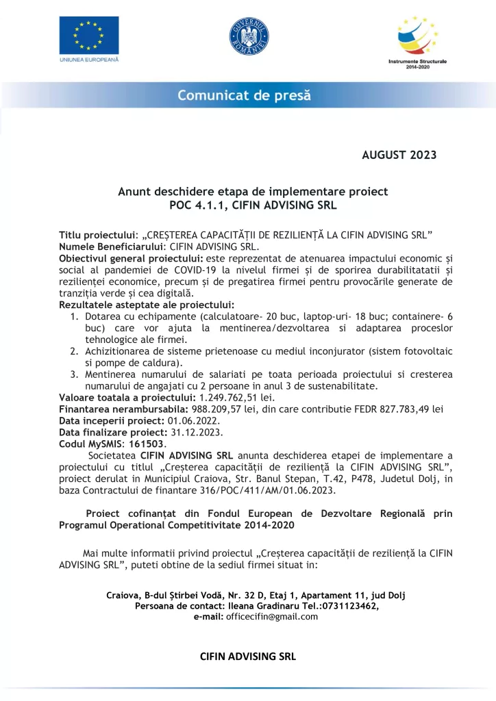 Anunt deschidere etapa de implementare proiect POC 4.1.1, CIFIN ADVISING SRL