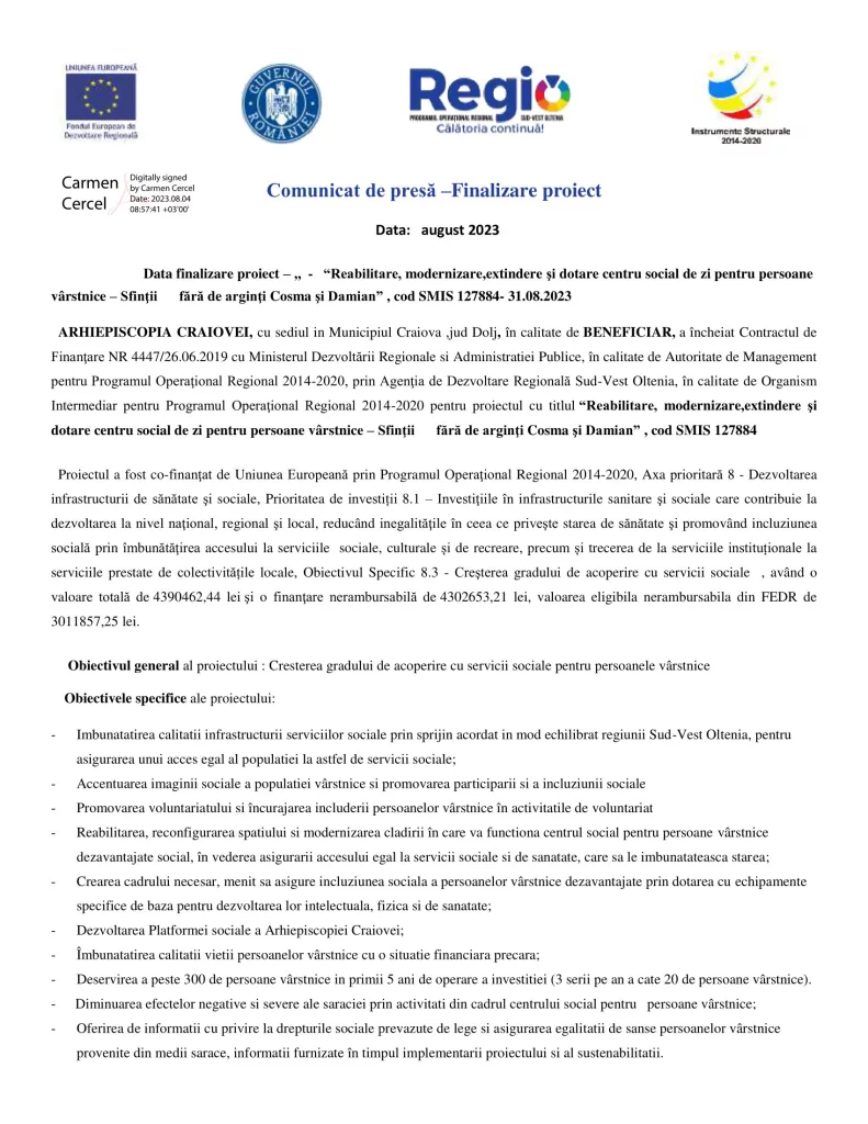Comunicat de presă – Finalizare proiect centru social de zi pentru persoane vârstnice – Sfinţii fără de arginţi Cosma şi Damian
