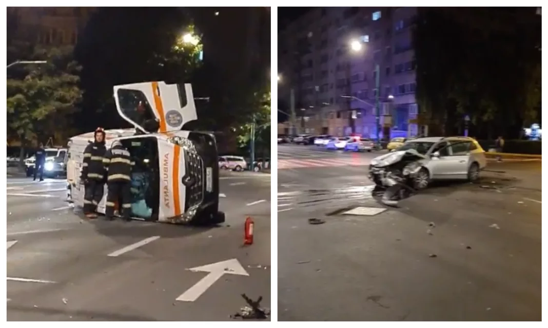 Trei răniți după ce o ambulanță s-a ciocnit cu un autoturism