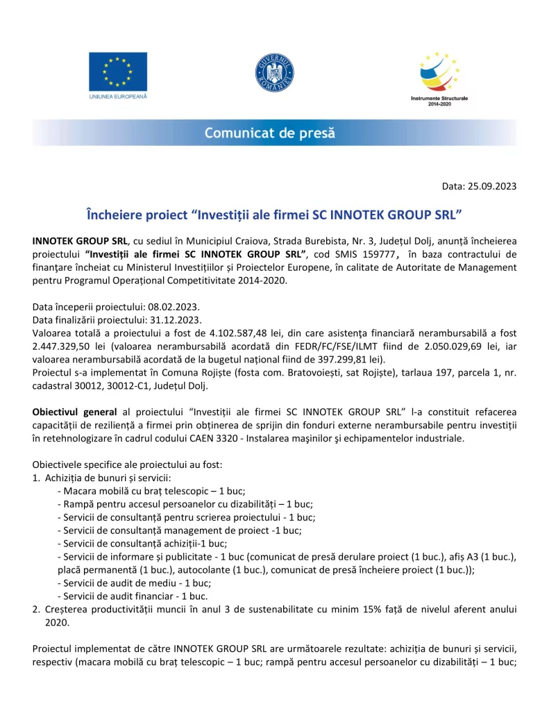 Încheiere proiect “Investiții ale firmei SC INNOTEK GROUP SRL”