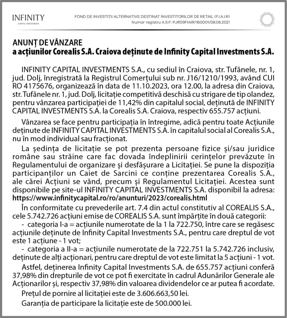 ANUNȚ DE VÂNZARE a acțiunilor Corealis S.A. Craiova deținute de Infinity Capital Investments S.A.