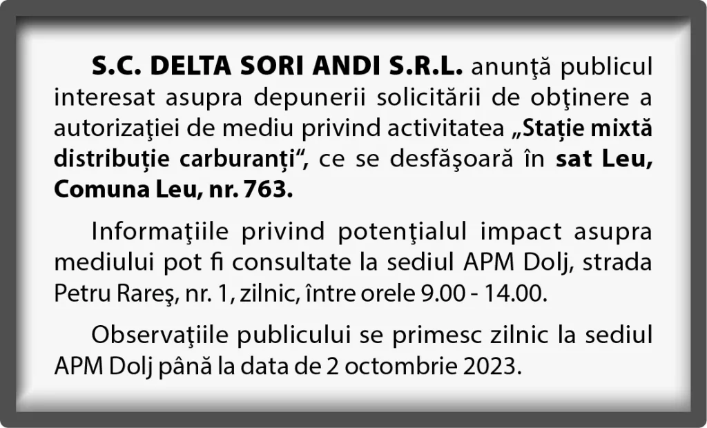 SC DELTA SORI ANDI S.R.L. anunţă depunerea solicitării de obţinere a autorizaţiei de mediu