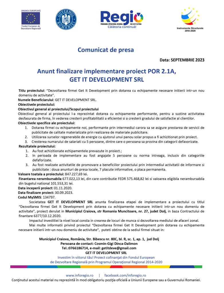 Anunţ finalizare implementare proiect POR 2.1A, GET IT DEVELOPMENT SRL