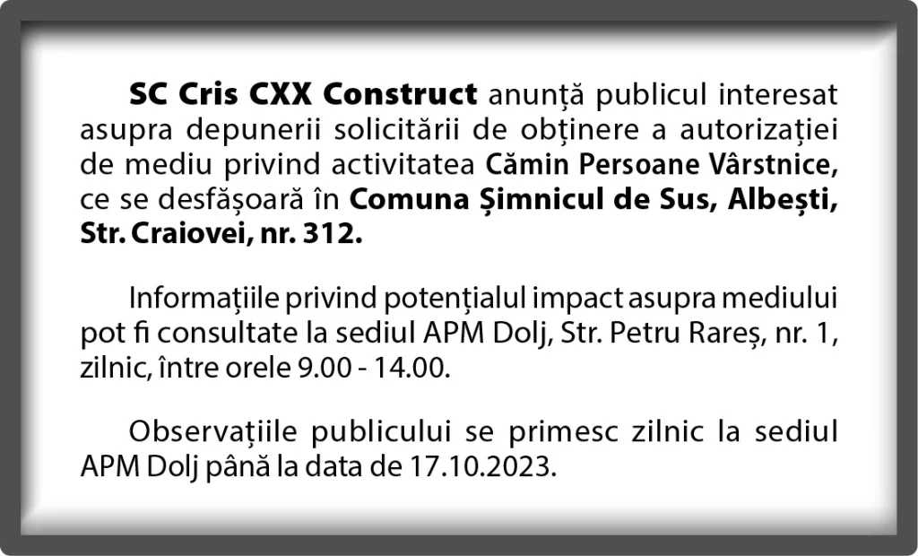 SC Cris CXX Construct a depus solicitarea obținerea autorizației de mediu