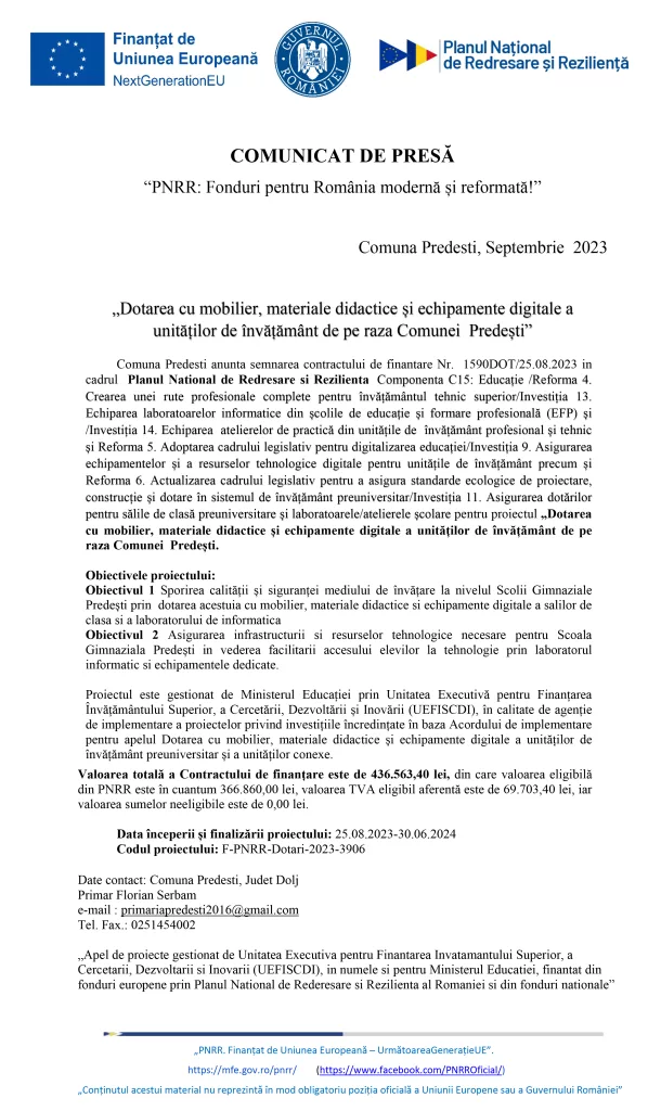 Dotarea cu mobilier, materiale didactice și echipamente digitale a unităților de învățământ de pe raza Comunei Predești