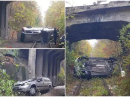 Un octogenar a căzut cu mașina de pe un pod pe calea ferată