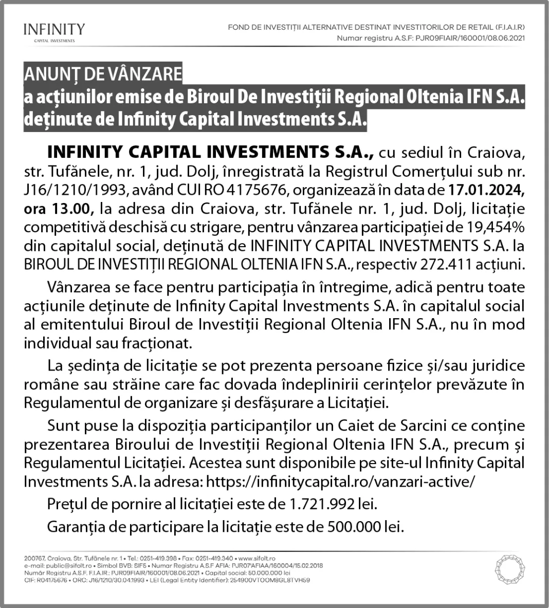 INFINITY CAPITAL INVESTMENTS 9,36 x 10,38