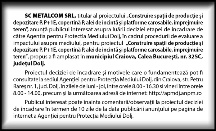 Anunţ SC METALCOM SRL