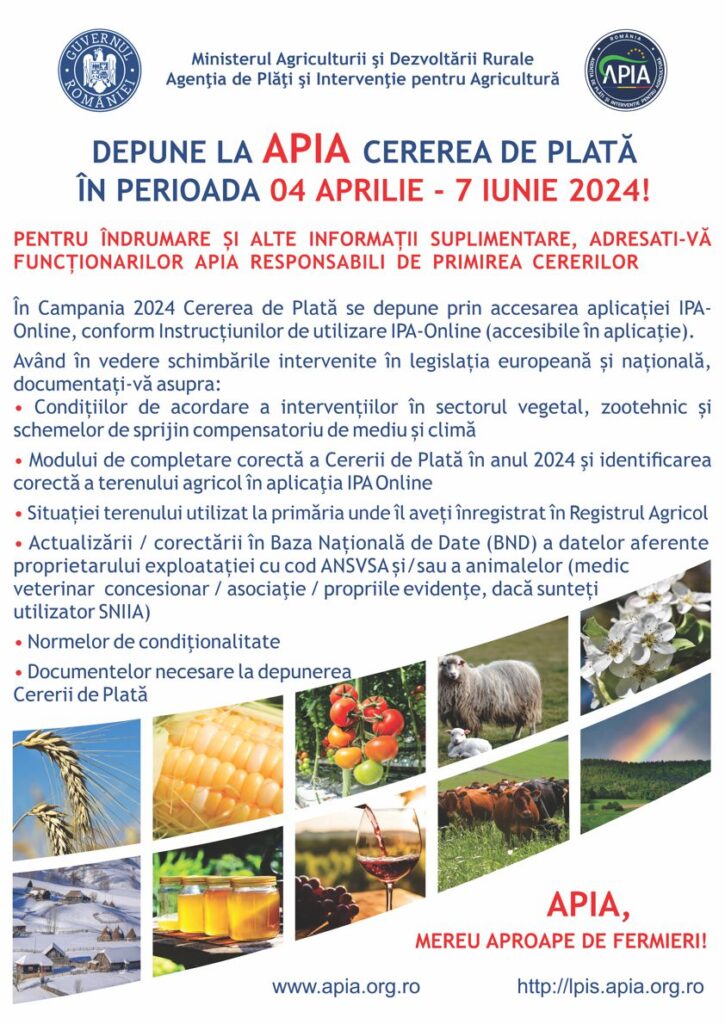 APIA: Pe 4 aprilie se dă startul campaniei de primire a Cererilor de Plată