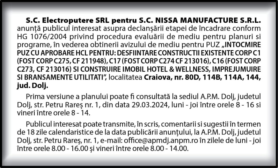 S.C. NISSA MANUFACTURE S.R.L. anuță depunerea documentației de mediu