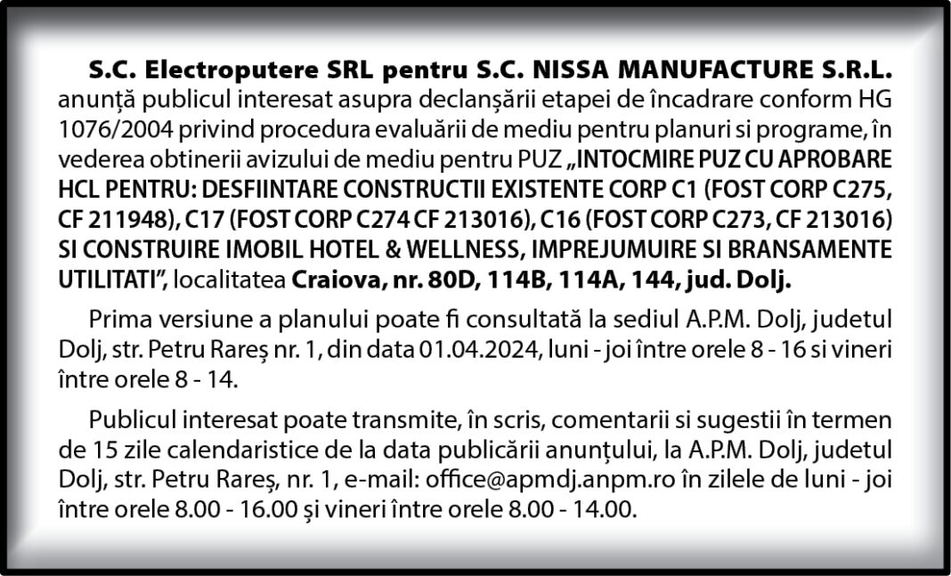 S.C. NISSA MANUFACTURE S.R.L. anuță depunerea documentației de mediu