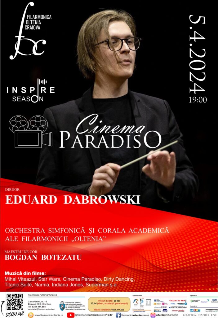„Cinema Paradiso”, muzică din filme celebre la Filarmonica Oltenia Craiova