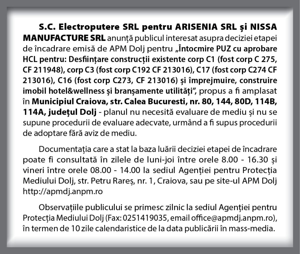 Întocmire PUZ pentru ARISENIA SRL și NISSA MANUFACTURE SRL